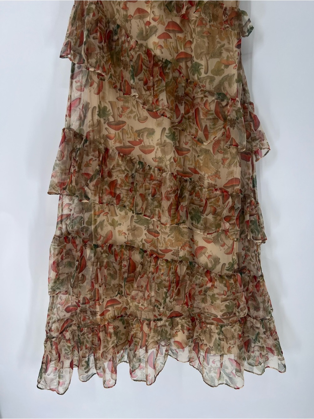 Selkie Satin Mushroom Brown Floral Ruffle Tiered V Neck Formal Maxi Dress XS - Picture 2 of 8